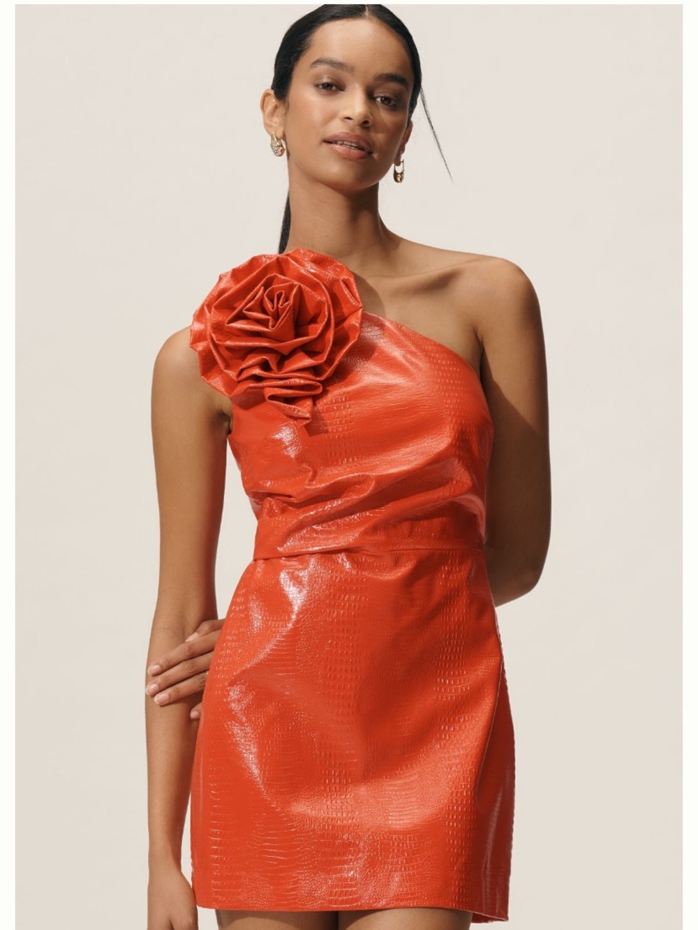 NWT Anthro Siempre Faux Leather Statement Piece Rosette Red Mini Dress, M